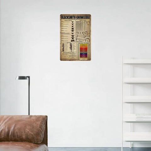 Old School Blacksmith Tin Sign For Workshop Decor in living room, 8x12 rustic vintage wall plaque, displayed above sofa