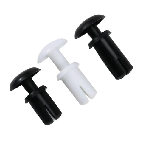 Black And White R Type Nylon Press Rivet Clips Snaps Right In Auto Trim Fasteners, three clips in black and white for secure panel installation.