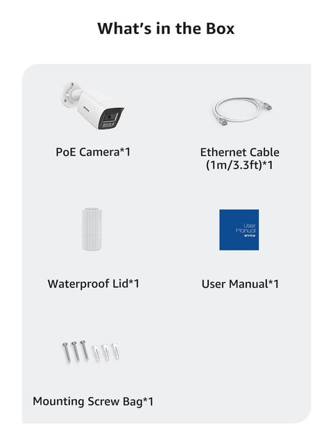 Box contents showing 4K PoE Security Camera With AI Human And Vehicle Detection, Ethernet cable, waterproof lid, manual, screws.