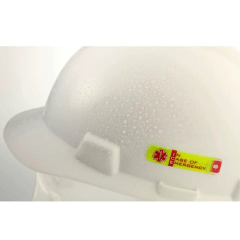 Emergency Worker Hard Hat Reflective ID Sticker Set 0.5 X 2.75 Inches Fluorescent Lime Yellow And Red on white helmet