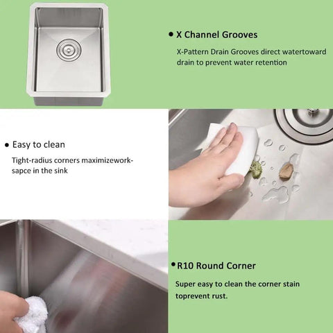 Collage showing Undermount 12 By 16 Inch Stainless Steel Bar Sink For Wet Bar And Outdoor RV Use 16 Gauge Kitchen Sinks advantages.
