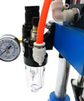 Smooth Operator Pneumatic Punch Press With Adjustable Cylinder Stroke For Kickin Sheet Metal Holes 660 Lb Pressure Two Button Control For Dead On Accuracy At 110V air pressure regulator and gauge close-up.