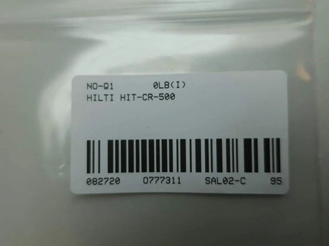 Label on packaging of Red Adhesive Cartridge Holder HIT-CR-500 For HDM Manual Dispenser showing barcode and product info