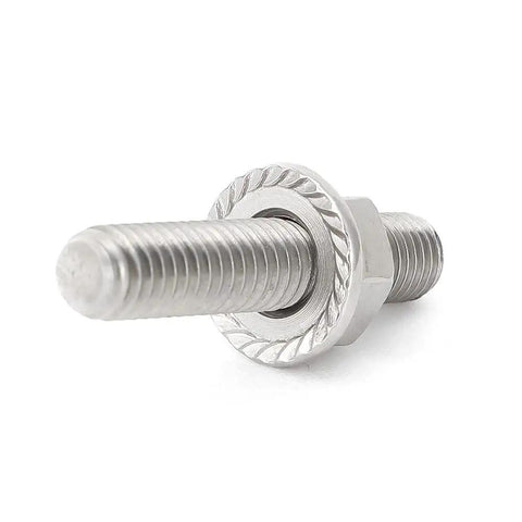 Close-up of a zinc-plated stud with chrome flanged nut from Bolt On Exhaust Studs And Chrome Flanged Nuts Kit For Harley Big Twin 1984-2015