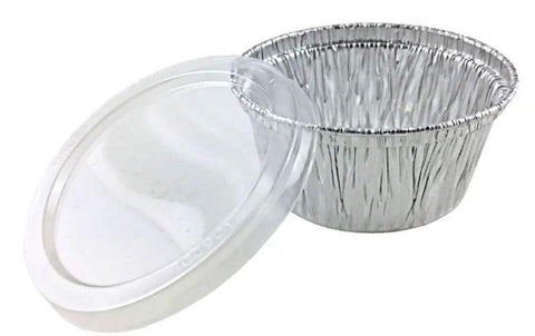 4 Oz Aluminum Foil Cups With Clear Plastic Lids For Cupcakes Muffins Ramekins And Bakeware Tins Disposable Kitchenware For Grab And Go Meal Prep And Portion Control Value Pack 1000 Sets shown with lid beside one cup