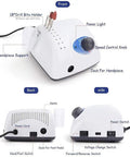 Multifunction Dental Grinder Rotary Tool With Adjustable Speed Pro Grade Power Low Noise Long Life Workhorse For Grinding And Polishing Foot Pedal Start Stable Performance For Pros And DIY Home Use White, showing front, back, and side views with features labeled.