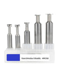 Five tungsten steel end mills in a white plastic holder; front view, silver finish, varying sizes.