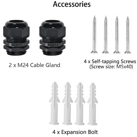 Accessories for Heavy Duty Junction Box: 2 M24 cable glands, 4 self-tapping screws, 4 expansion bolts in black and white.