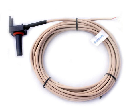 Optimum Pool Technologies temperature sensor probe with beige cable and black head; includes 2-inch pipe clamp.
