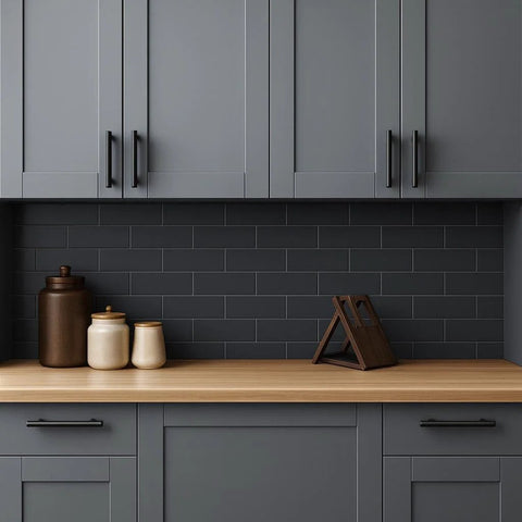 Solid Brass Cabinet Pulls 4 Pack Matte Black Euro T Bar Handles With 5 Inch Hole Center installed on gray kitchen cabinets