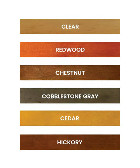 Heavy Duty 2 In 1 Log Home Stain And Sealer Formulated With High Solids For Rock Solid Exterior Wood Defense color swatches including cedar and hickory.