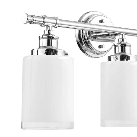 Close-up of Freya All In One 5 Piece Bathroom Set With Chrome Vanity Light And Frosted Glass Shades Includes Towel Bar Towel Ring Robe Hook