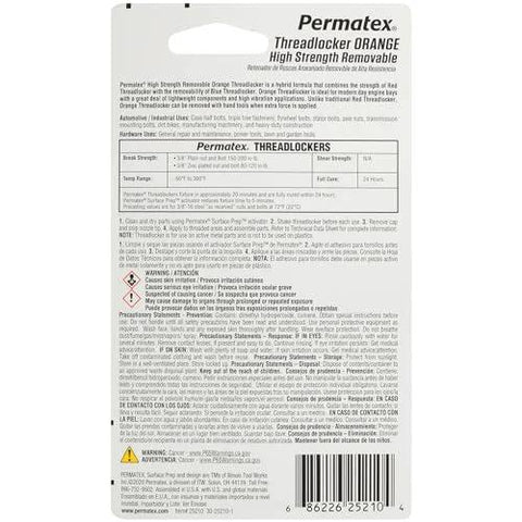 Permatex 25210 orange high-strength removable threadlocker liquid, 10 ml, on packaging.