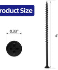 Pro Grade Eight X Four Inch Black Drywall Screws Built Solid With Coarse Threads And Phillips Bugle Heads For Smooth Self Tapping On Wood Studs Featuring Top Shelf Rust Resistant Carbon Steel 100 Piece Pack dimensions showing 4 inch length and 0.33 inch diameter.