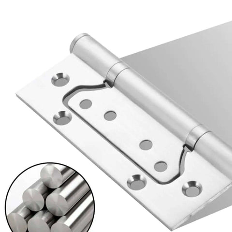 Close-up of heavy duty slot free hinges for cabinets and closets, 4 inch to 5 inch silent thickened stainless steel, interior use.