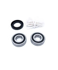 Heavy Duty Front Load Washing Machine Tub Bearing And Seal Kit No Sweat Installation Replacement Compatible With Electrolux And Kenmore Appliances, includes black seal, two metal bearings, and rope.