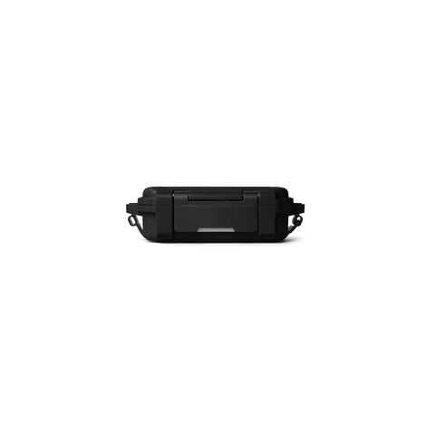 Side view of GoBox 1 Divided Waterproof Dry Box For Gear, Camera, And Tackle, Submersible IP65 IP67 Case with black color and tether strap.