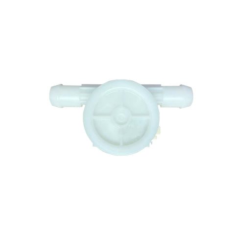 White inlet flow meter for washing machines, replacement part WPW10110225 W10110225 10110225, top view, circular design