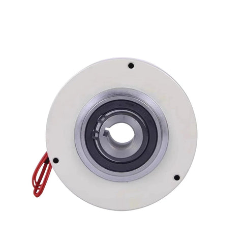 Front view of hollow thin magnetic powder brake with white flange and red lead wires