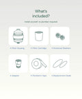 Diagram showing parts for High Output Revitalizing Shower Filter With 2X Vitamin C And Minerals; filter housing, cartridge, washers, adapter, tape, seals.