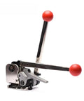 GD35 Manual Sealless Steel Strapping Machine Innovative Combination Banding Tool with red handles and gear drive tensioner.