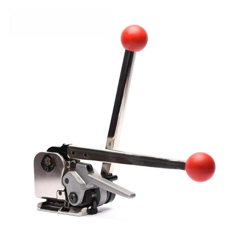 GD35 Manual Sealless Steel Strapping Machine Innovative Combination Banding Tool with red handles and gear drive tensioner.