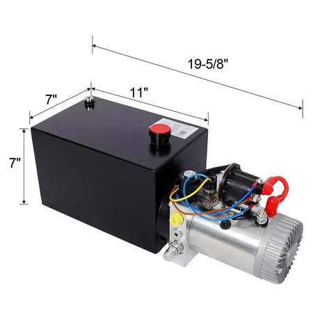 Yaton 12V 3HP Hydraulic Power Unit With 8 Quart Steel Tank For Dump Trailer Lift Gate Log Splitter Heavy Duty Electric Pump 2.1 Gpm Flow, black motor and reservoir with dimensions.
