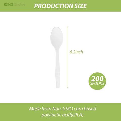 6.2 inch spoon from 100% Compostable Heavy Duty Flatware Set, 200 Count No Plastic Spoons And Utensils For Lounge Parties Weddings Office BBQ