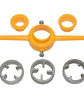 Pro Tip Ratchet Pipe Threader Kit For PVC Pipes with yellow handle and metal dies for 20mm, 25mm, and 32mm threads.