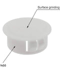 White plastic hole plug with snap-in design, surface labeled; part of 30 Pack White Plastic Hole Plugs 6mm Flush End Caps For 5.5 To 6mm Holes Cap Diameter 8mm Height 6mm Ideal For Furniture Fencing Posts And Pipes Snap In Locking Design.