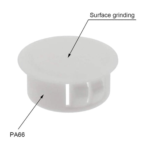 White plastic hole plug with snap-in design, surface labeled; part of 30 Pack White Plastic Hole Plugs 6mm Flush End Caps For 5.5 To 6mm Holes Cap Diameter 8mm Height 6mm Ideal For Furniture Fencing Posts And Pipes Snap In Locking Design.