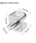 Ultra Heavy Duty Zinc Alloy Glass Shelf Brackets 10 Pack peg clamp dimensions suited for 5mm to 8mm thick glass panels.