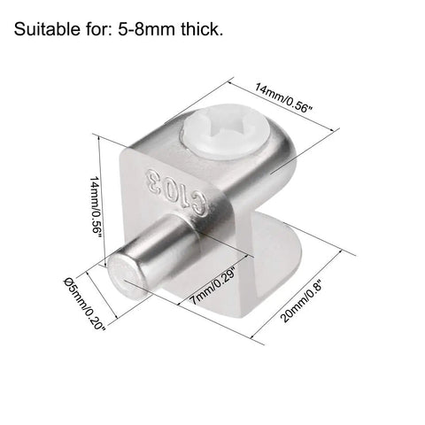 Ultra Heavy Duty Zinc Alloy Glass Shelf Brackets 10 Pack peg clamp dimensions suited for 5mm to 8mm thick glass panels.