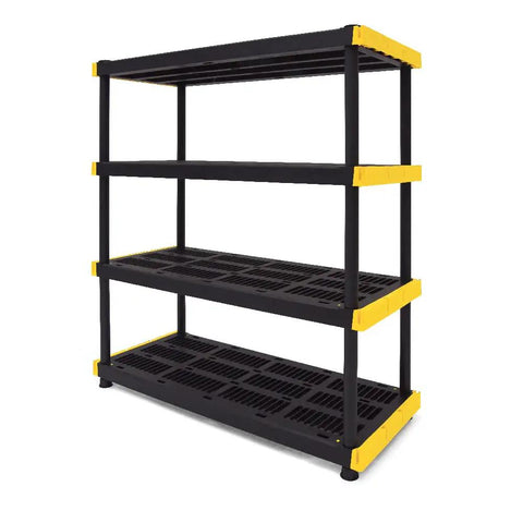 Heavy Duty 4 Tier Garage Storage Shelves With 4 Pack 27 Gallon Bins And Lids Built Tough To Stash Your Gear Tight And Support Heavy Loads Without Breaking A Sweat