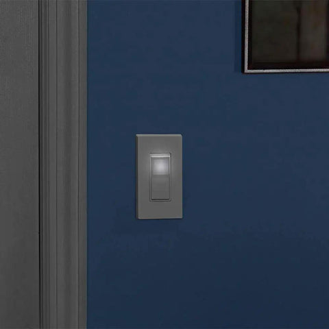 Decora LED Illuminated 15 Amp Single-Pole Wall Switch, No Neutral Required, White, Illuminated When OFF on blue wall