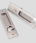 Privacy Pocket Door Lock Hardware With Key For Invisible Barn Doors In Brushed Nickel Finish Indoor Privacy Furniture Lock Set 1 Pack Built Tough Easy To Install, shown uninstalled with key slot and turn lock in brushed nickel.