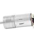 Pair Of 12V DC Gear Motors With Encoder, 100 RPM, 1:45 Gear Ratio, D Shaft, Metal Housing, Silver Finish, Side View