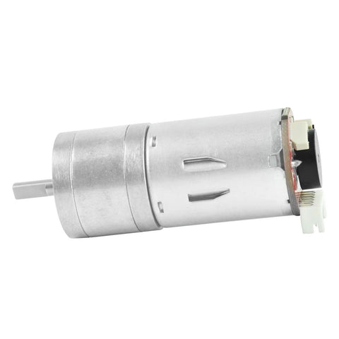 Pair Of 12V DC Gear Motors With Encoder, 100 RPM, 1:45 Gear Ratio, D Shaft, Metal Housing, Silver Finish, Side View