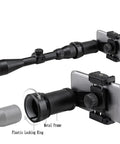 Rifle Scope Smartphone Adapter for Hunting and Birding - Quick Lock System, all-aluminum frame, attached to smartphone, side view.