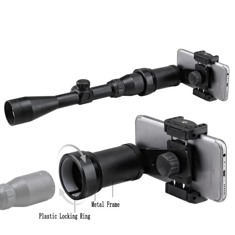 Rifle Scope Smartphone Adapter for Hunting and Birding - Quick Lock System, all-aluminum frame, attached to smartphone, side view.