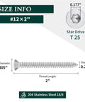 Heavy Duty Pro Grade Size 12 By 2 Inch Flat Head Torx Self Tapping Screws dimensions showing countersunk design and stainless steel material.