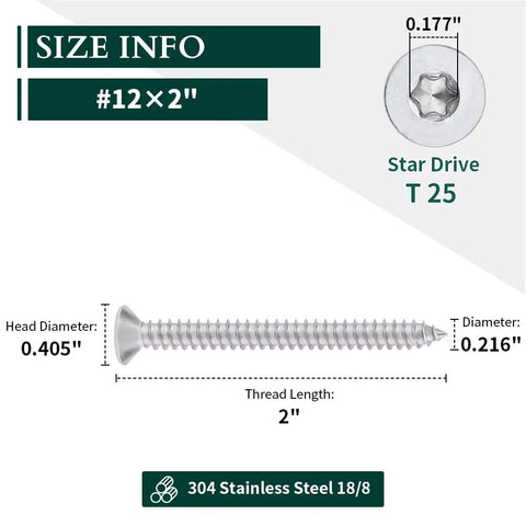 Heavy Duty Pro Grade Size 12 By 2 Inch Flat Head Torx Self Tapping Screws dimensions showing countersunk design and stainless steel material.