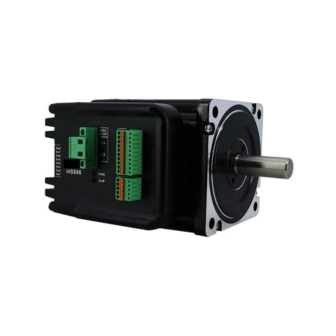 Side view of Two-Phase Integrated Closed-Loop Stepper Motor Drive Hybrid Servo With Encoder showcasing connectors and shaft.