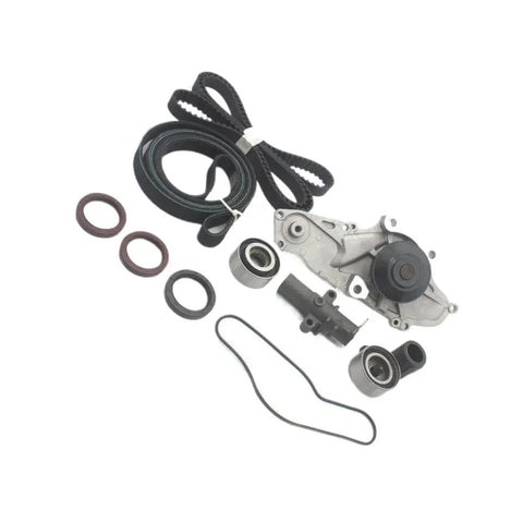 Essential Timing Belt And Water Pump Service Kit Fits 2003 To 2014 Honda Accord MDX And RL Models With V6 Engines Restoring Factory Specs Using Genuine OEM Part Numbers 14510RCA01 14400RCA01 38920RCA03 Runs Like A Dream For Many Years Ahead. timing belt kit with water pump, pulleys, gaskets, and seals on white background