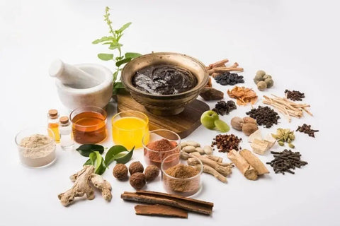 Assorted herbal ingredients including powders and oils; Root Extract Powder 100 Grams Non Edible Use, Pure All Natural Herbal Root Powder for Your DIY Projects and Traditional Raw Materials, Unadulterated Fine Texture, No Artificial Colors or Fillers visible among items.