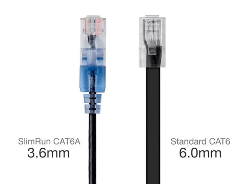 SlimRun Cat6A Patch Ethernet Cable Snagless Narrow Boot UTP 550MHz 10G 30AWG 1 Foot Black for High Density Racks and Fast Home Network Installations Today on left, next to Standard CAT6 cable comparison.