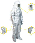 Badass Heavy Duty Heat Resistant Coveralls Featuring Aluminum Foil Thermal Radiation Protection Built For Extreme 1200 Degree Fireproof Flame Retardant Firefighter Jumpsuit shown on model with hood and gloves.