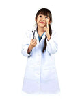 Child wearing Kids Unisex Lab Coat Costume For School Projects And Dress Up White Size 16 To 18 With Realistic Front Button Closure Chest Pocket
