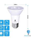 Eight Watt Equivalent PAR20 Outdoor LED Flood Light Bulbs Pack, showing bulb dimensions and features, 800 Lumens, E26 base, 3000K.