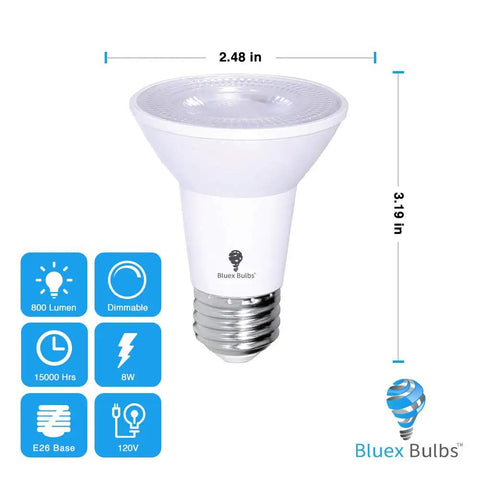 Eight Watt Equivalent PAR20 Outdoor LED Flood Light Bulbs Pack, showing bulb dimensions and features, 800 Lumens, E26 base, 3000K.